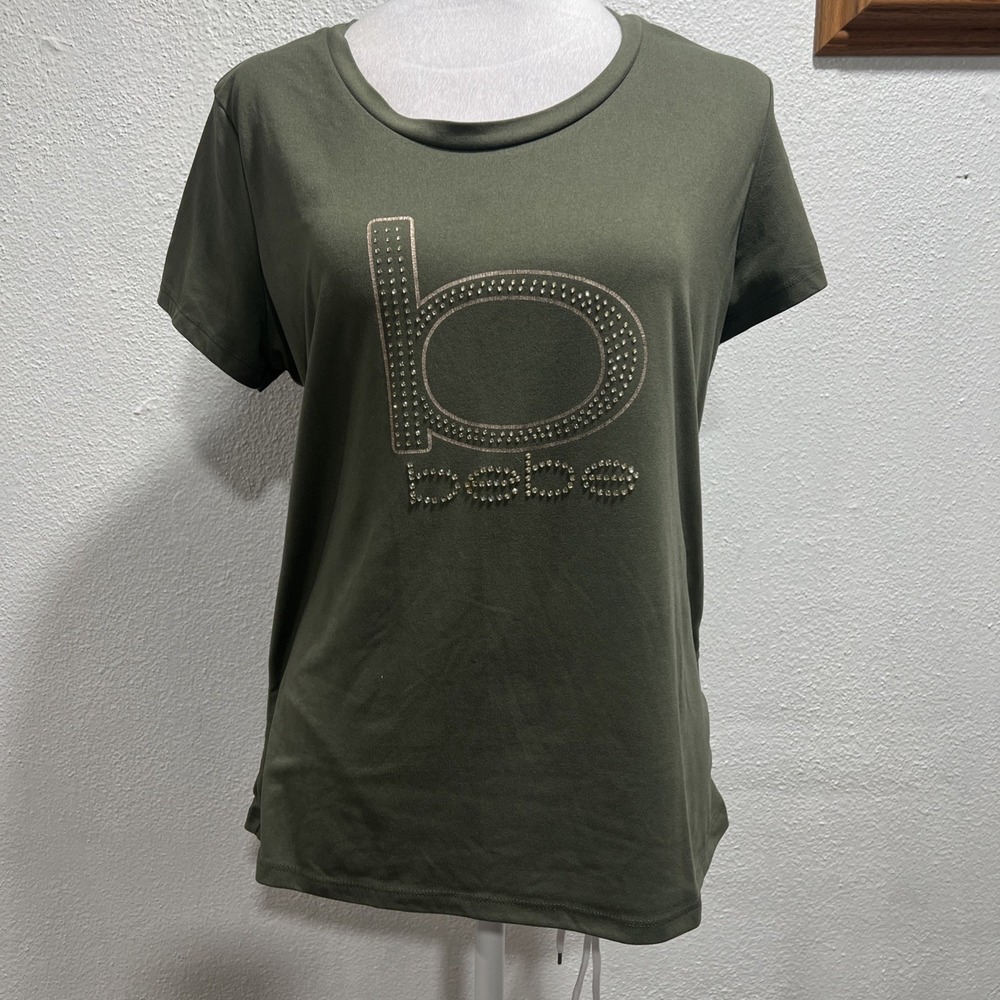Bebe Sport Women Scoop Neck Tee Shirt Green Pink Logo Rhinestones Size M